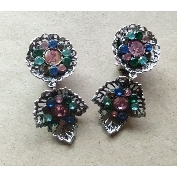 Pastel Rhinestone Dangling Leaf Clip On Earrings Silver Unmarked‎ - Picture 8 of 11